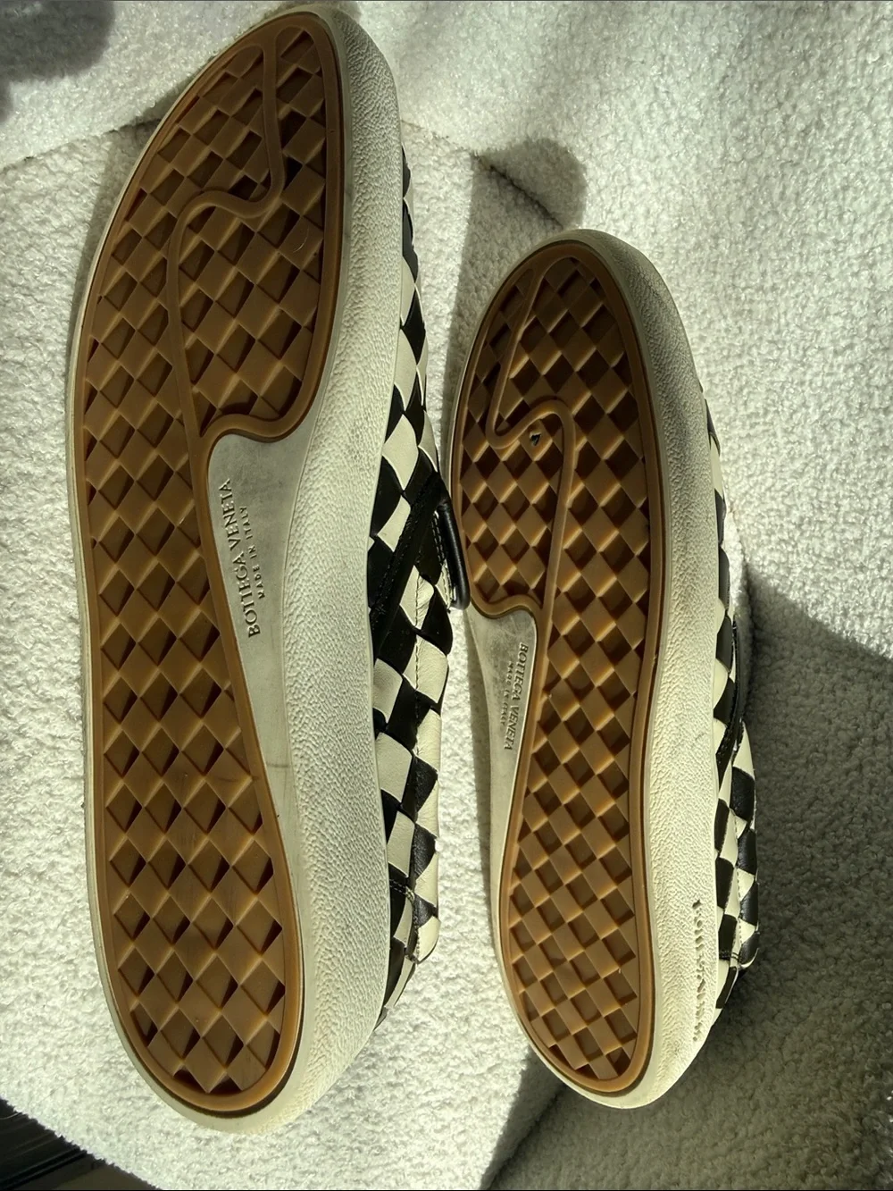 Bottega Veneta Black and White Intrecciato Slip-On Loafers